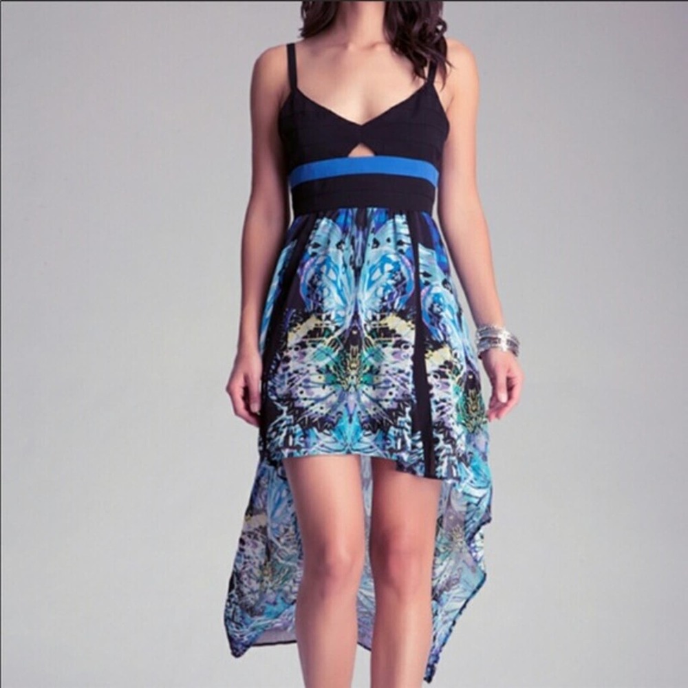 NWT Bebe Sz 6 Banded Hi Low Keyhole Bold Blue & Black Maxi Dress